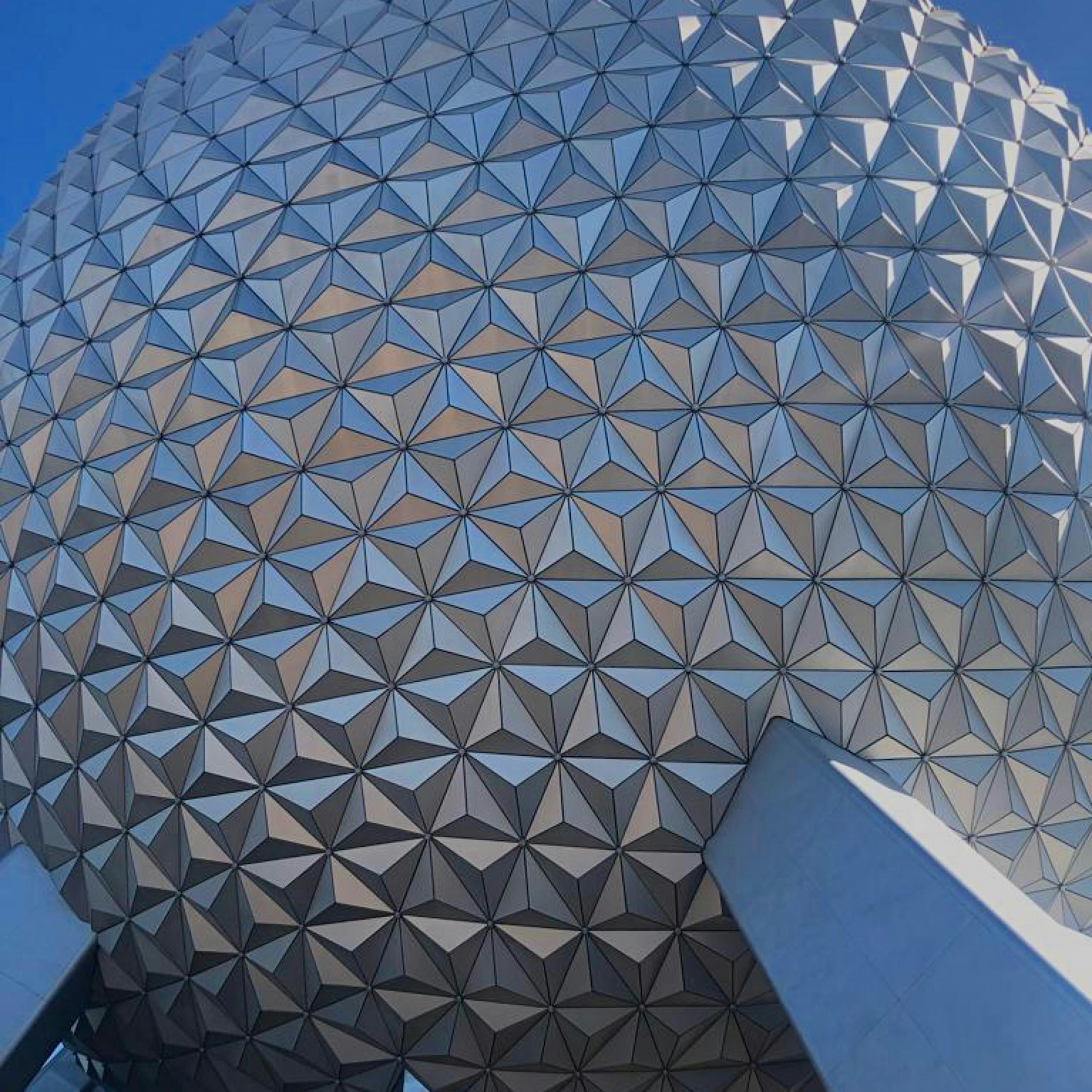 Close-up of the geometric facade of Spaceship Earth in Epcot, Florida.