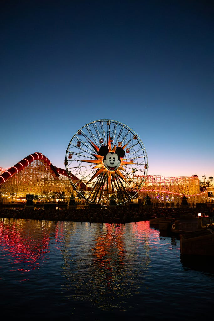 Stunning view of the Mickey Mouse Ferris Wheel at Disneyland California Adventure during sunset.