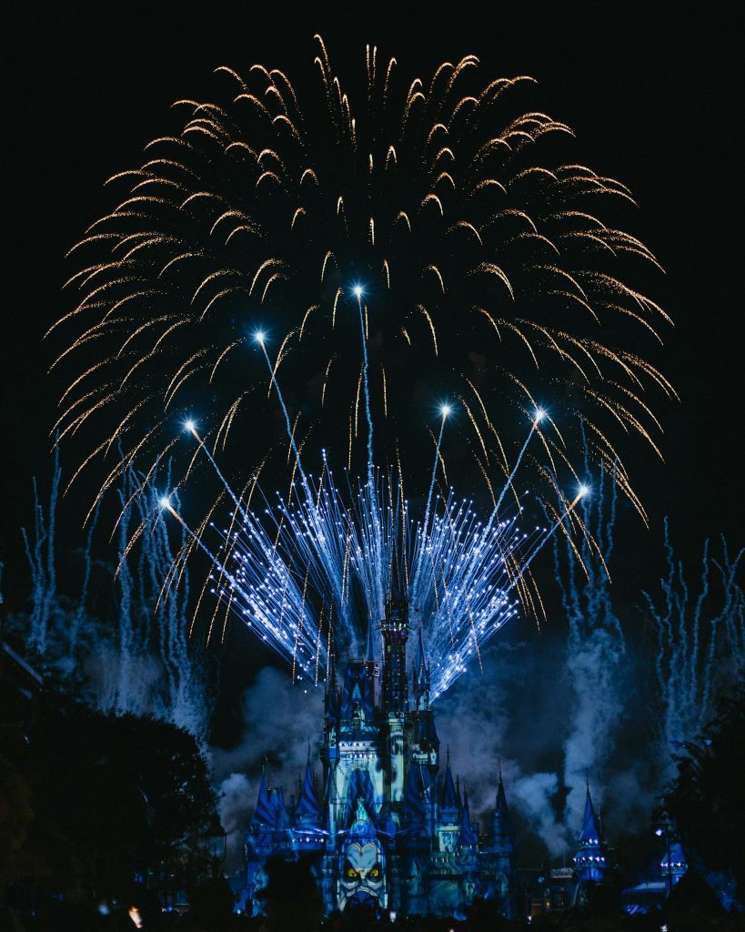 A breathtaking view of fireworks illuminating Cinderella's Castle at Walt Disney World in Orlando, Florida.