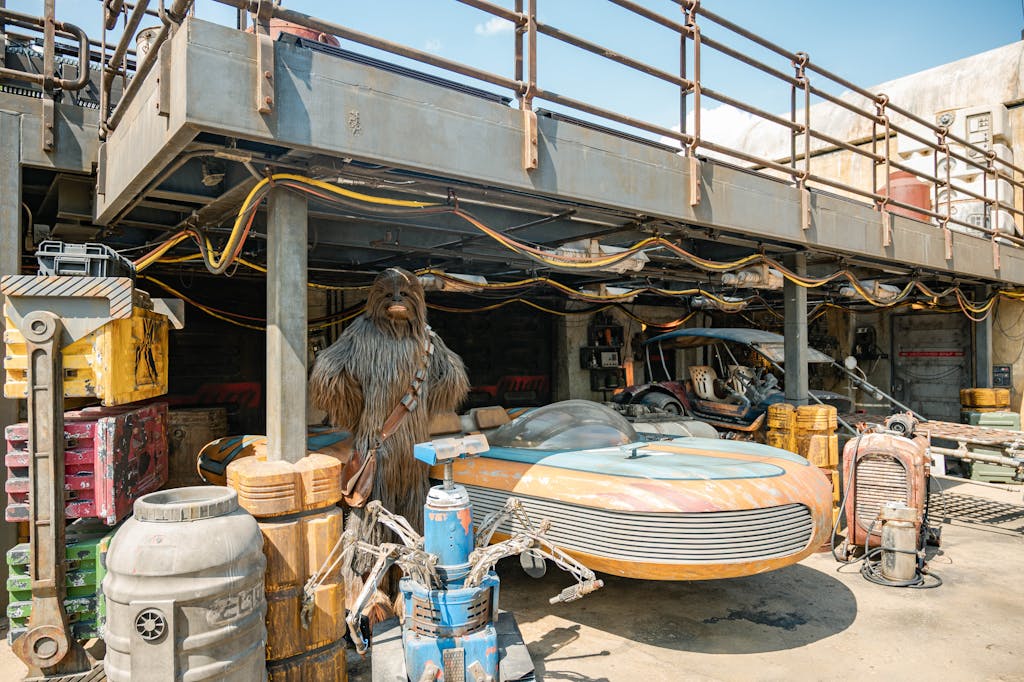 Explore a sci-fi junkyard filled with futuristic vehicles and equipment, perfect for industrial themes.